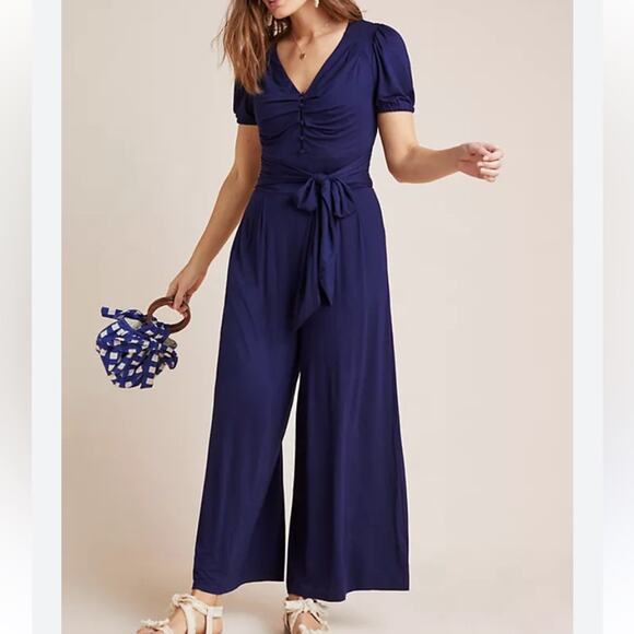 Maeve women's medium Anthropologie Blue Wrap-Style Jumpsuit crop Wide-Leg Pants - Picture 1 of 12